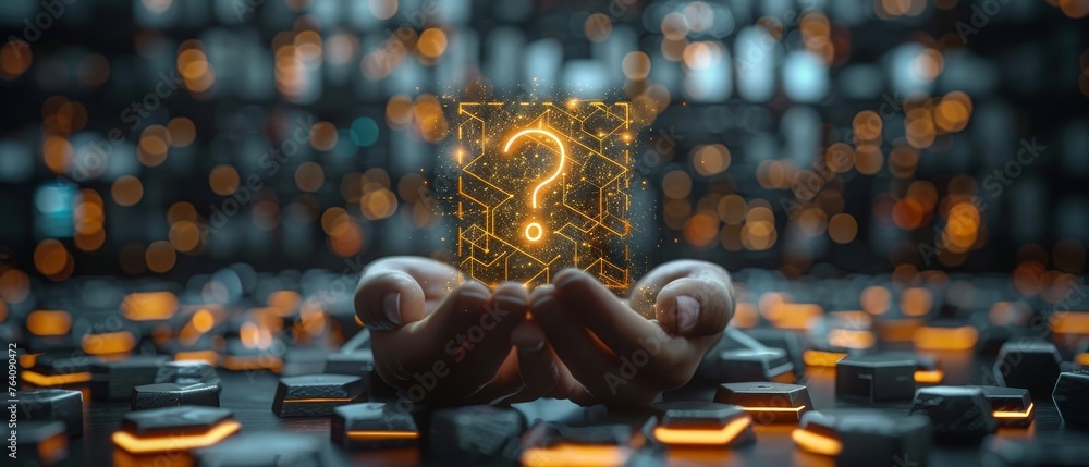 Poster FAQ pile with question mark icons and hand holding top element. Customer FAQ, digital technology, AI integration, service innovation, creative answers, FAQ concept.