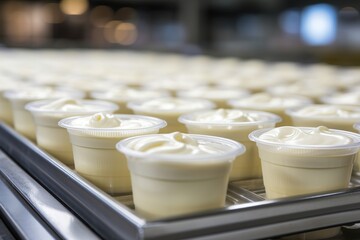 Food production process in a plant. Manufacturing white yogurt