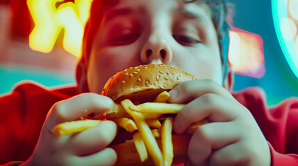 An obese teenager eating junk fast food and living a sedentary life with bad health habits - obrazy, fototapety, plakaty