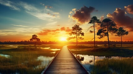 Tranquil sunrise over swamp, wooden path, and nature s beauty on a summer morning