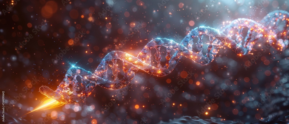 Poster blue and purple 3d dna helix in an abstract style. biotechnology engineering concept. low poly style
