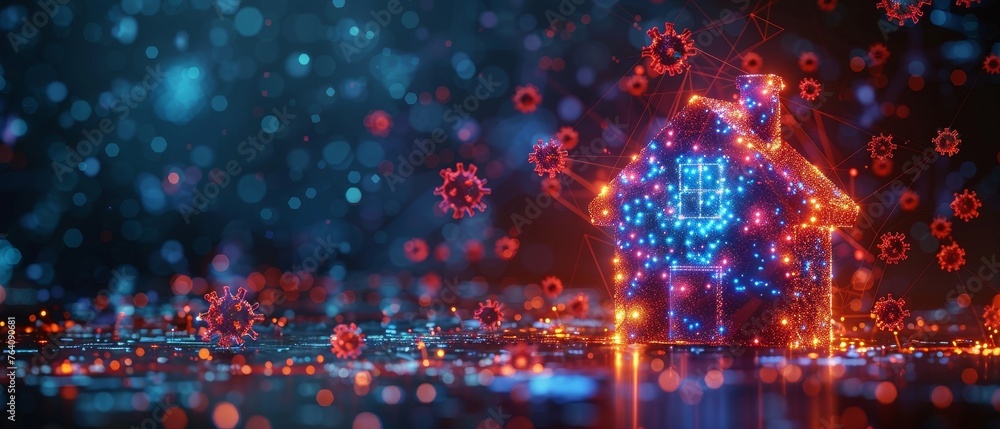 Aufkleber abstract house icon with blue futuristic guard shield, attacked by red viruses. protection concept. 