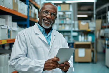 Portrait of a Male Scientist Using Digital Tablet Computer to Analyse Data. Advanced Scientific Lab for Medicine, Biotechnology, Microbiology Development (2) - Powered by Adobe