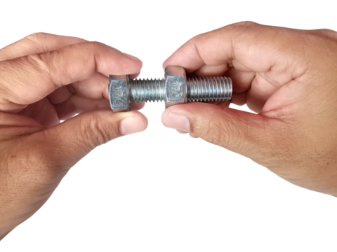 Nut and screw on hand, transparent background