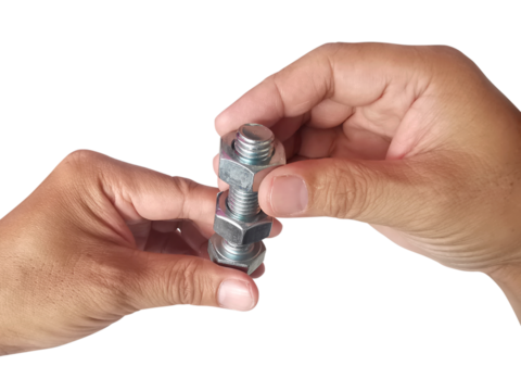 Nut and screw on hand, transparent background