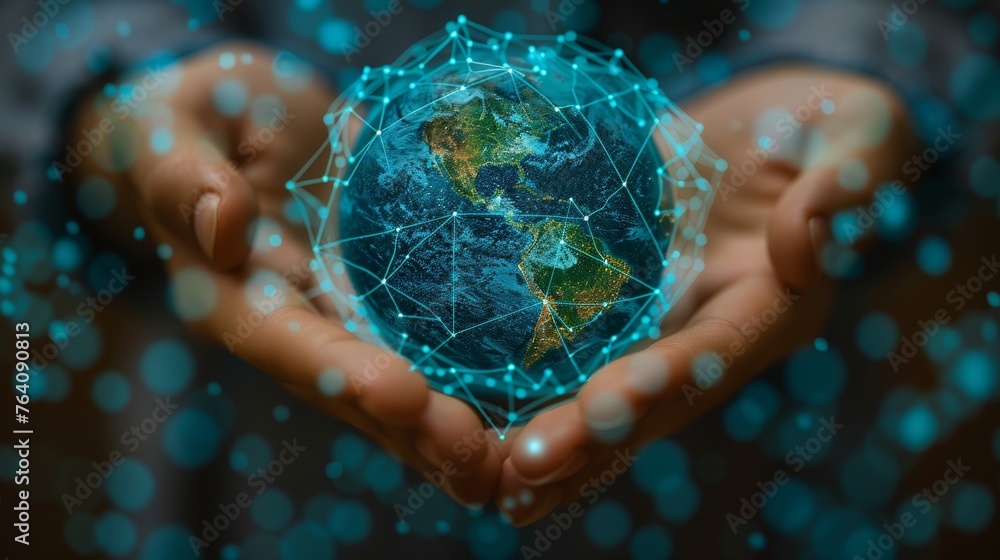 Poster abstract hand holding planet earth. isolated illustration. global network concept. modern blue 3d gr