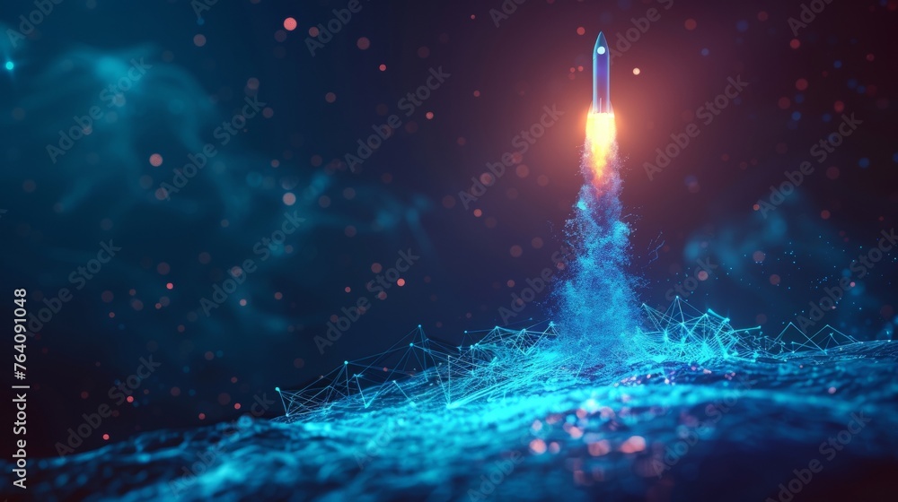 Fototapete Isolated  illustration of a rocket launch from a smartphone. Abstract outline in low poly style with blue geometric background. Wireframe light connections in modern 3D graphics.
