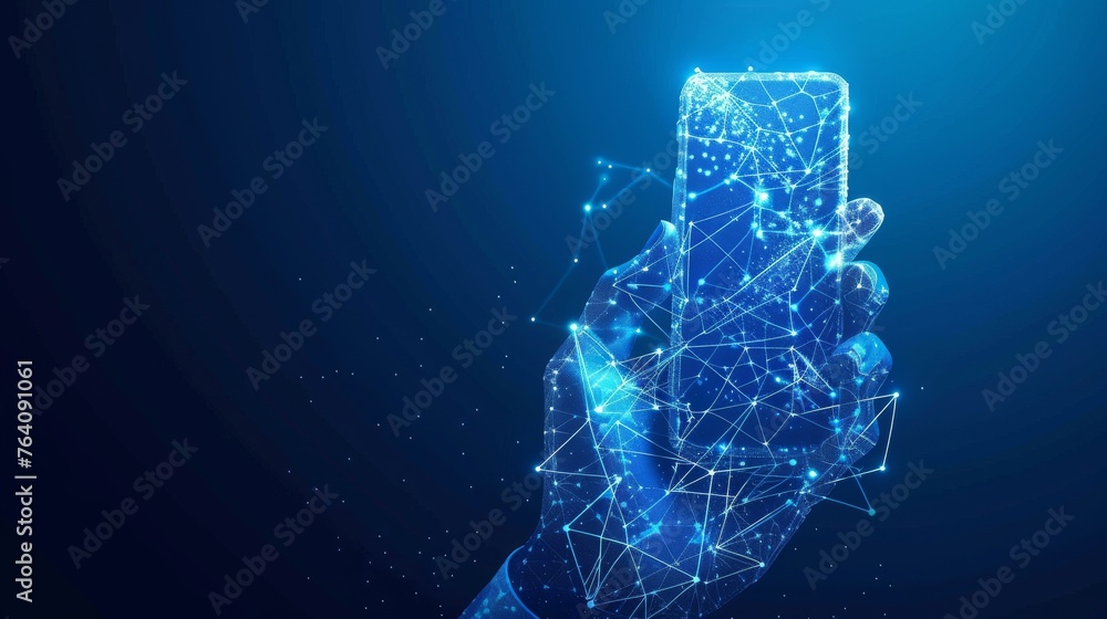 Poster abstract polygonal wireframe closeup of mobile phone. blank white screen is held by a hands and fing