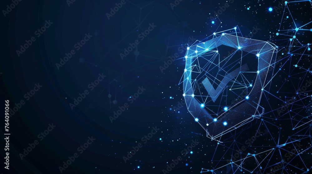 Poster a check mark is on the shield. a polygonal wireframe mesh art looks like constellations on a dark bl