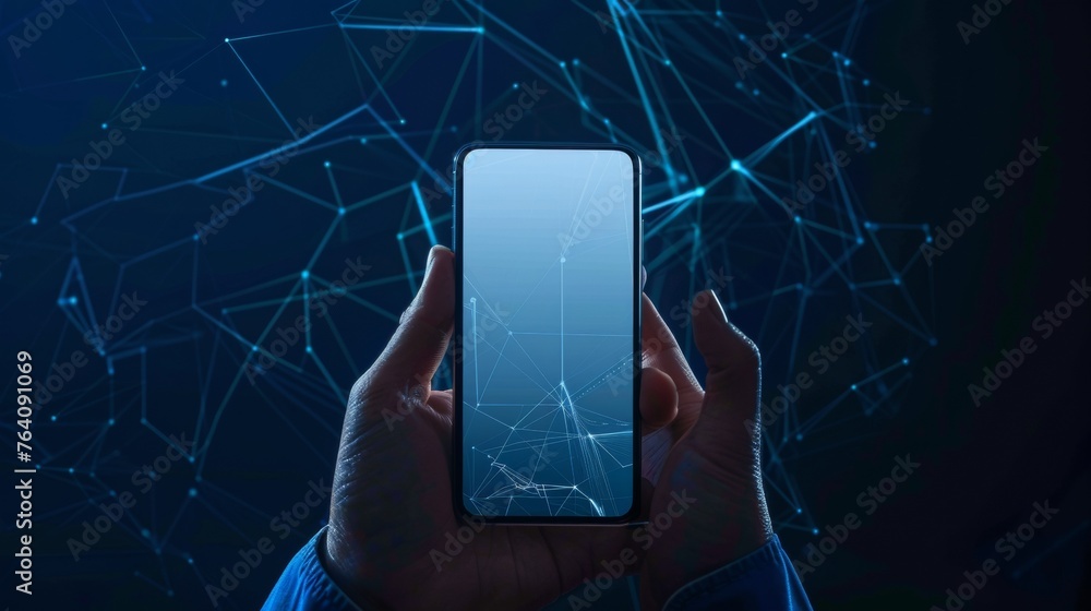 Poster A mobile phone with an abstract polygonal wireframe closeup of a blank white screen in the hand of a man. Illustration of dark blue background. Communication application on smartphone.