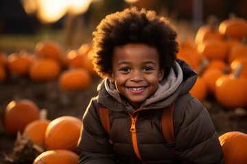 Happy Boy Sitting in Pumpkin Field Generative AI - obrazy, fototapety, plakaty