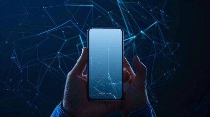 A mobile phone with an abstract polygonal wireframe closeup of a blank white screen in the hand of a man. Illustration of dark blue background. Communication application on smartphone. - obrazy, fototapety, plakaty