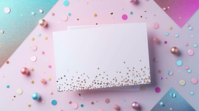 White greeting card over scattered colorful sequins and confetti on isolated light blue background with blank space. Mockup template. Flat lay, top view with plase for text