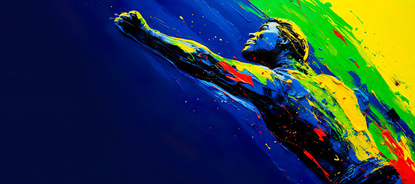 Digital illustration painting of man,human face with express emotion and showing gesture body with power energy.motivation idea background.poster art