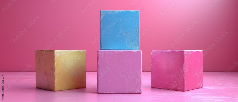 Poster an award podium with three pastel squares of varying sizes and a pink blank background for copying