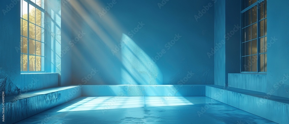 Poster an image of a blue room in 3d. the background is light.