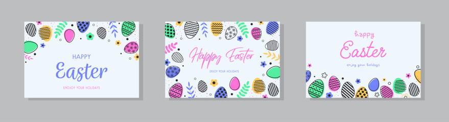 Trendy Easter design with colourful eggs. Modern minimal style. Layout of a greeting cards set.  Vector illustration