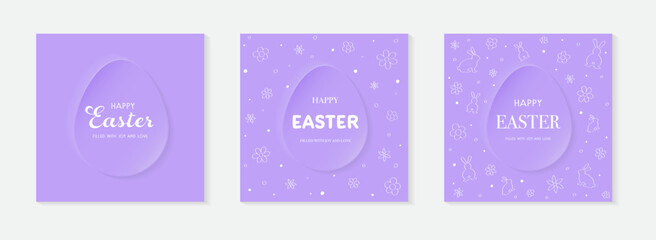Abstract Easter backgrounds set. Concept of a paper cut egg, hand drawn flowers and bunnies. Greeting card. Vector illustration