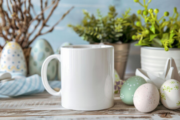 A blank white 11oz mug mockup set against a festive Easter-themed background, perfect for showcasing custom designs or marketing holiday-specific products.
