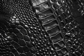 A close up of a pure black leather made of crocodile skin. wild animal texture. luxury pattern and...