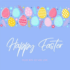 Happy Easter. Greeting card with colourful eggs. Modern minimalist style background. Vector illustration