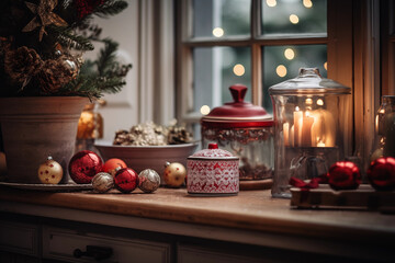 Christmas decor in kitchen. Christmas tableware. Christmas cooking utensils. Bright interior of New Year's kitchen background. New Year card template. Christmas tree in kitchen.