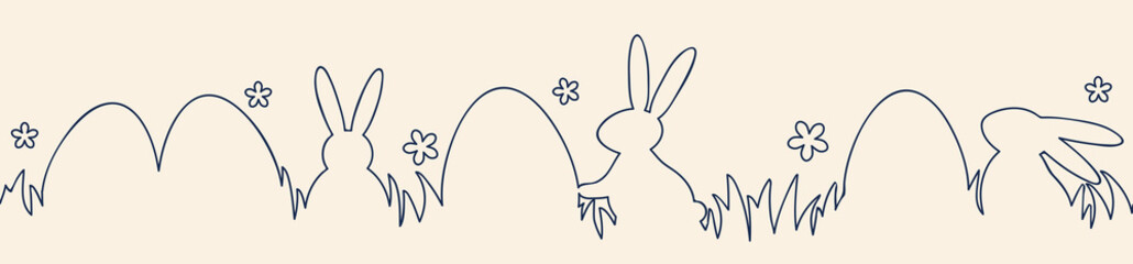 One line drawing of Easter eggs and rabbits. Minimalist style decoration. Banner. Vector illustration