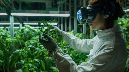 A technician in a VR headset keenly examines plants in a futuristic agricultural setting, employing advanced virtual reality tech for scientific analysis