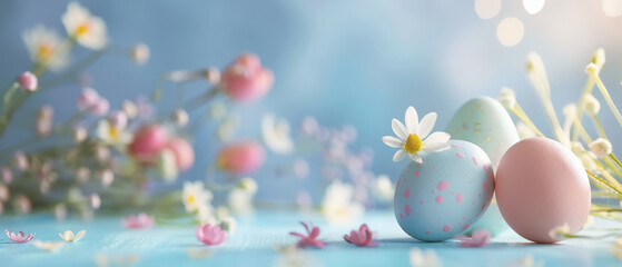 Fototapeta na wymiar Happy Easter ,Easter eggs on blue table background. Holidays .