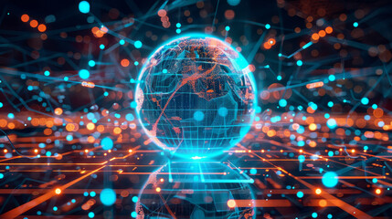 Obraz premium Digital globe with interconnected lines and dots representing global data exchange and network connectivity in a digital world..