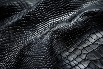 A close up of a pure black leather made of crocodile skin. wild animal texture. luxury pattern and expensive. dark and rough. wrinkled and rippled, AI Generated.