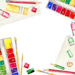 watercolor paint, brushes, pencil, sharpener, sketchbook drawn in watercolors