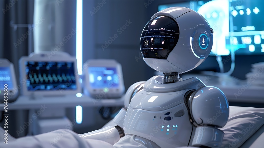 Poster futuristic robot with interactive face display