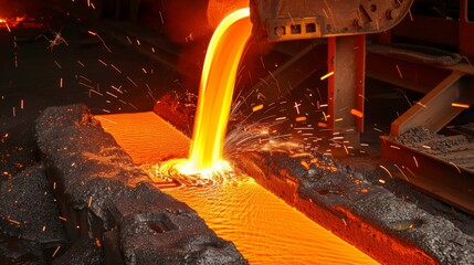 Molten Iron Flowing from a Furnace in a Bright Factory Setting