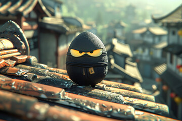 An egg ninja is standing on a roof, looking down at the ground
