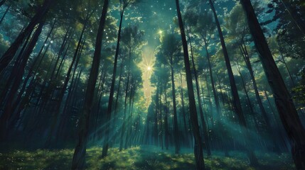 Obraz premium Sunlight Piercing Through a Mystical Forest
