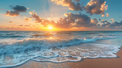 Sunset Over Ocean Waves on Sandy Beach - obrazy, fototapety, plakaty