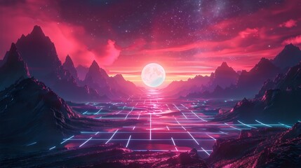 Neon Sci-Fi Landscape with Cosmic Moonrise