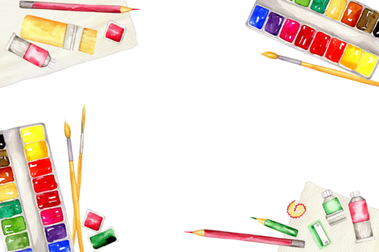 watercolor paint, brushes, pencil, sharpener, sketchbook drawn in watercolors