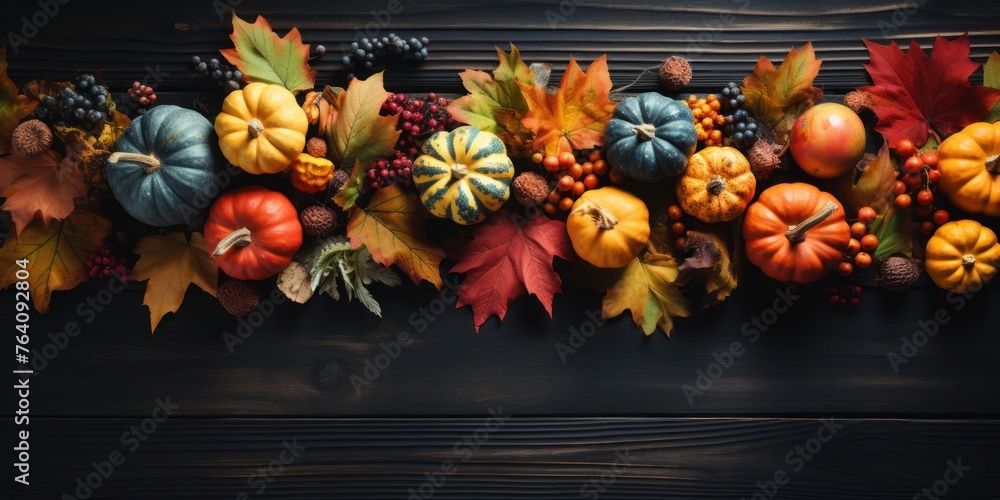 Poster assorted pumpkins and leaves on table generative ai