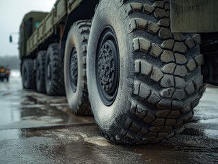 Close-up of robust tires of a military truck, focused on tread and wet surface.