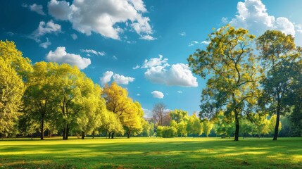 beautiful park with robust trees with a beautiful blue sky with clouds and a green meadow in high...