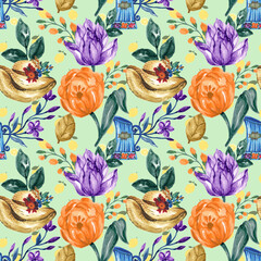 Flower Blooming blossom tulip and meadow wildflower  repeat background tartan pastel