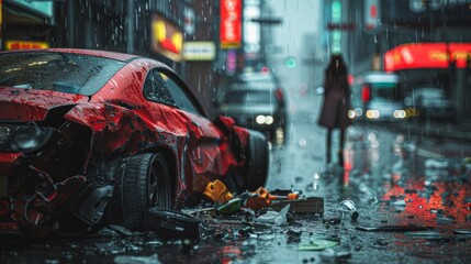 Car crash on a wet road, a red car's backend severely damaged in a crash on a wet street as a woman walks away in rain