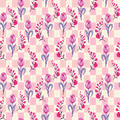 Flower Blooming blossom tulip and meadow wildflower  repeat background tartan pastel