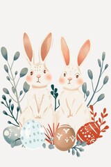 Obraz premium Cute Easter bunnies holding painted eggs, spring flowers and leaves on a white background, in a flat illustration style,