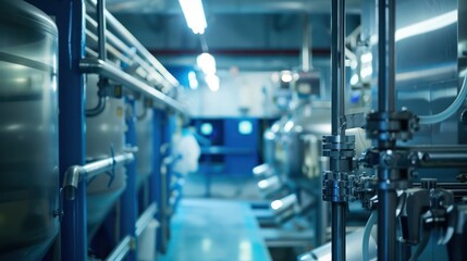 A clear and sharp image of a modern industrial indoor environment with steel structures, pipes, and a worker in the background