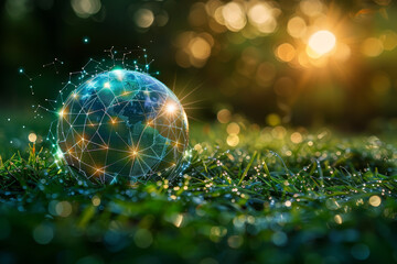 Digital network graphics superimposed on a lush grass background, symbolizing global connectivity and eco-technology.. - obrazy, fototapety, plakaty