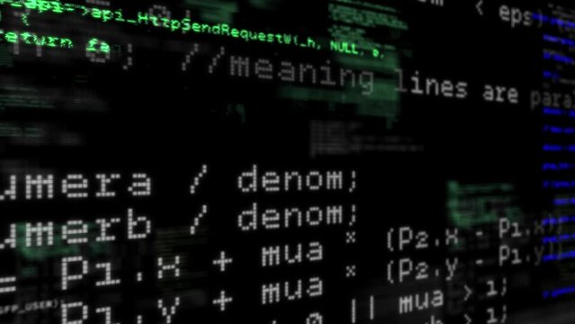 Computer code programming with glitch effect noise on the screen. Text animation with digital distortion. Damaged signal, computer virus. Cyber security. Hacker attack. 4k footage.