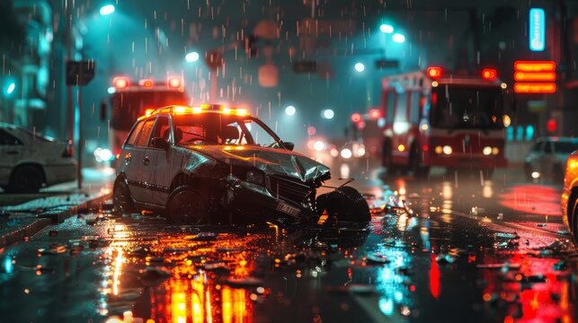 Car crash on a wet road at night with Ambulance lights on background